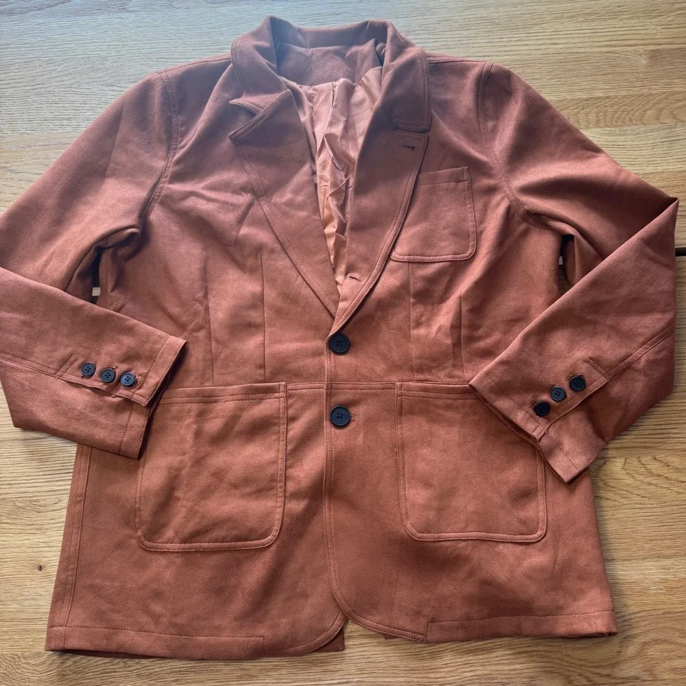 Mens Rust Brown Faux Suede Two Button Blazer Jacket XL Patch Pockets Solid